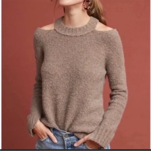 Anthropologie moth tan fuzzy cold shoulder sweater - Picture 2 of 8